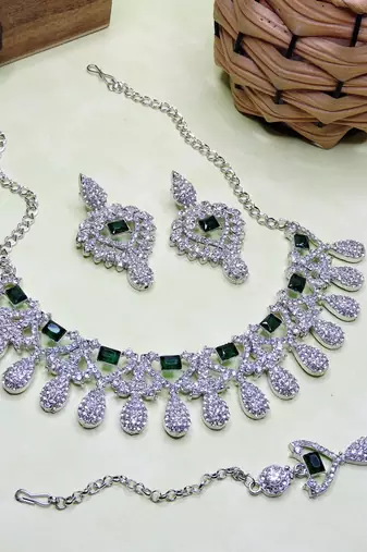 Green rhodium premium designer american diamond and stone work necklace set