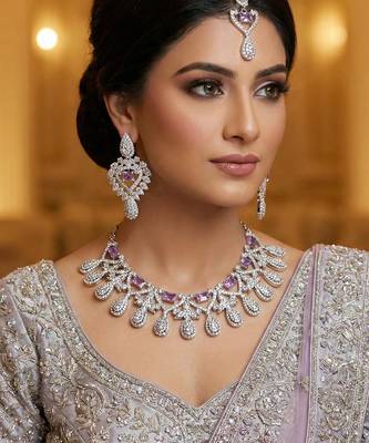 Purple rhodium premium designer american diamond and stone work necklace set 1
