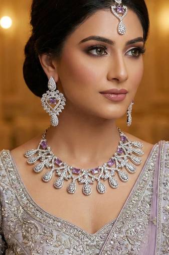 Purple rhodium premium designer american diamond and stone work necklace set