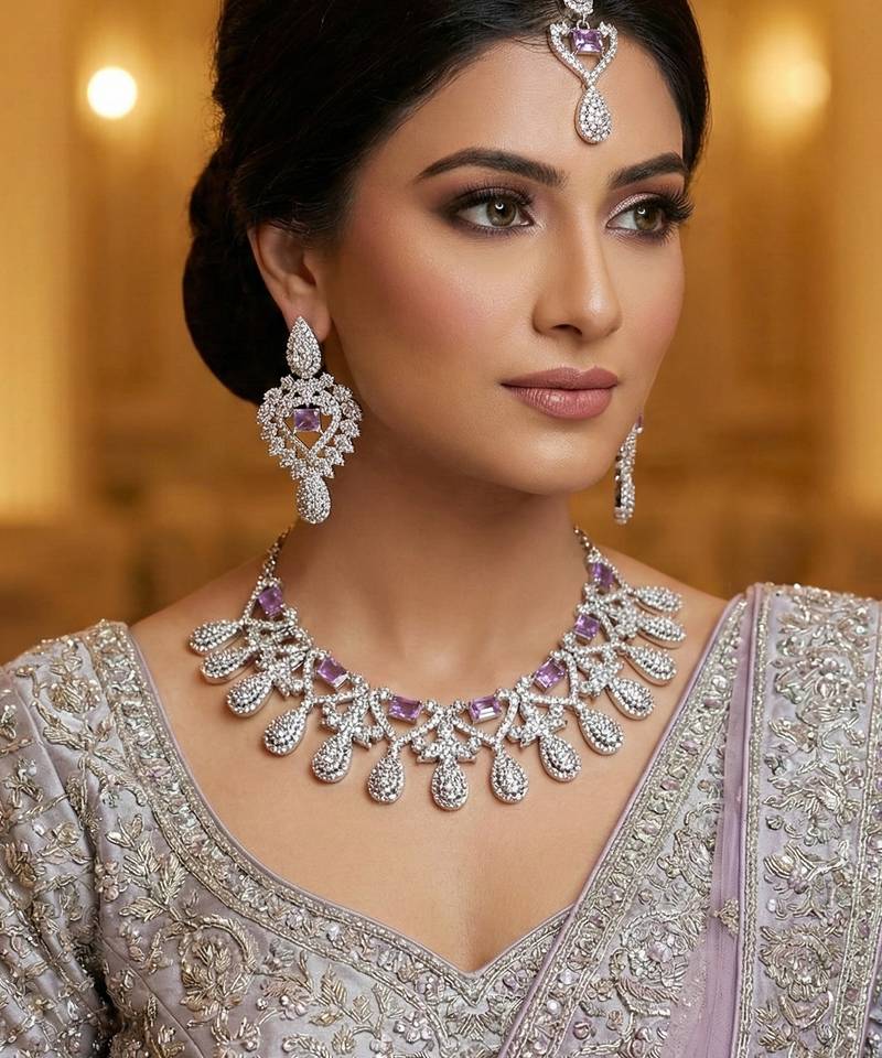Purple rhodium premium designer american diamond and stone work necklace set