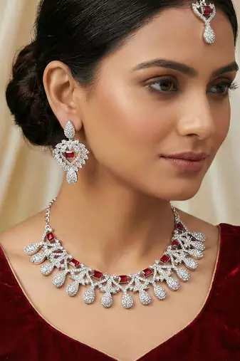 Maroon rhodium premium designer american diamond and stone work necklace set