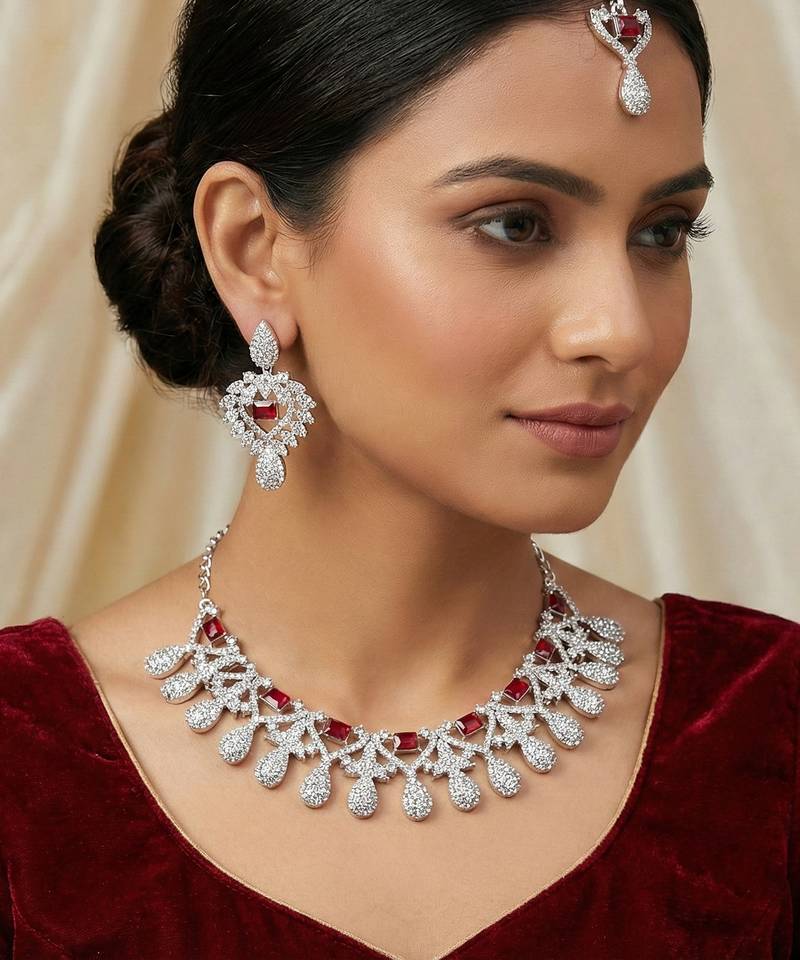 Maroon rhodium premium designer american diamond and stone work necklace set