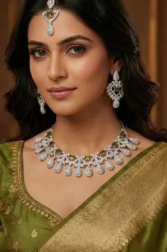 Green rhodium premium designer american diamond and stone work necklace set
