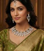 Green rhodium premium designer american diamond and stone work necklace set