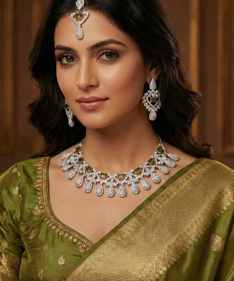 Green rhodium premium designer american diamond and stone work necklace set