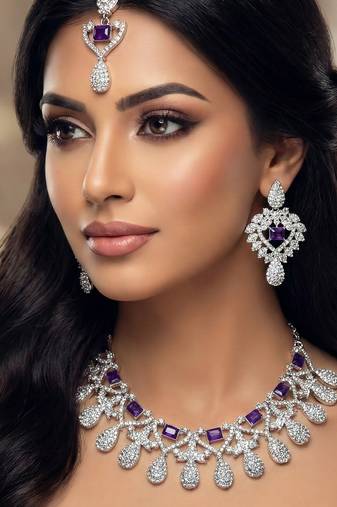 Blue rhodium premium designer american diamond and stone work necklace set