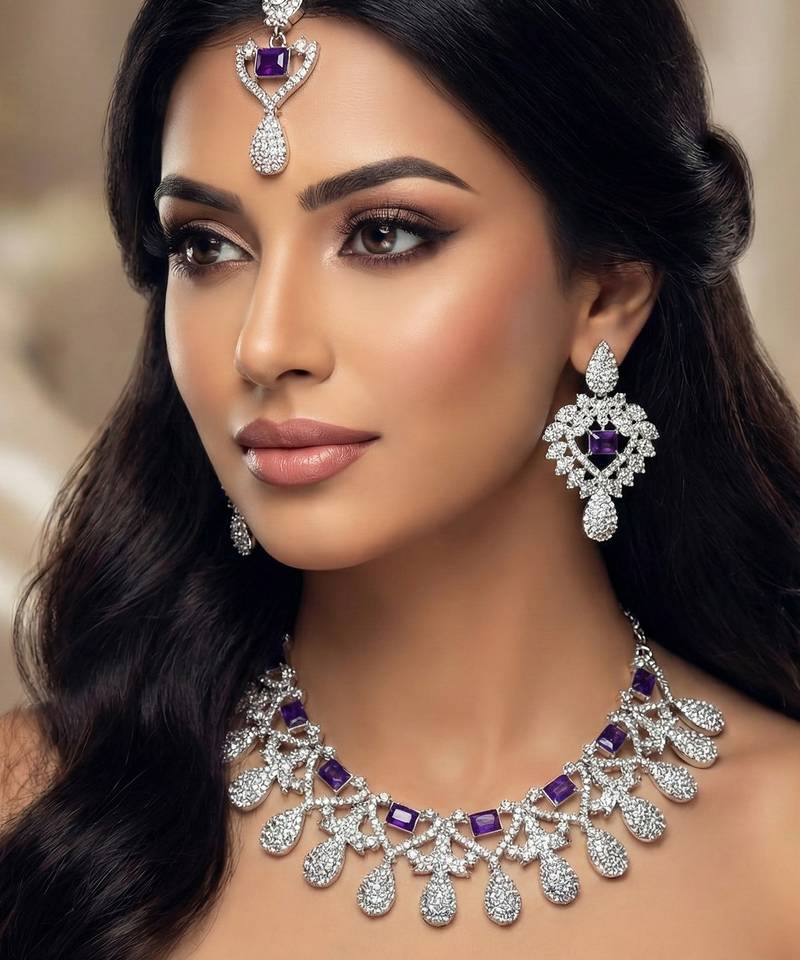 Blue rhodium premium designer american diamond and stone work necklace set