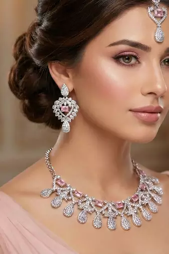 Pink rhodium premium designer american diamond and stone work necklace set