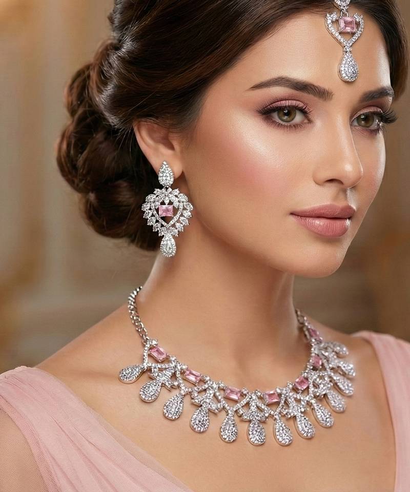 Pink rhodium premium designer american diamond and stone work necklace set