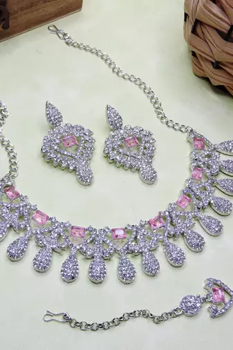 Pink rhodium premium designer american diamond and stone work necklace set