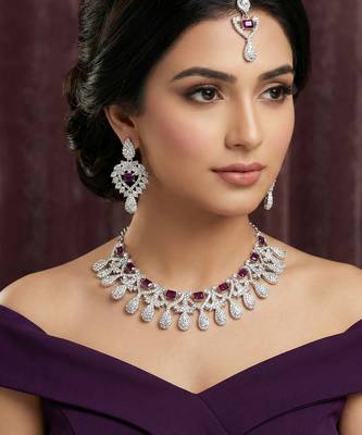 Purple rhodium premium designer american diamond and stone work necklace set 1