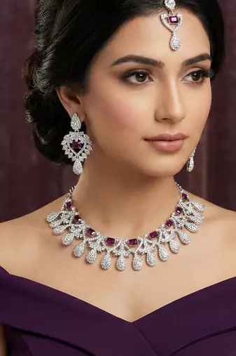 Purple rhodium premium designer american diamond and stone work necklace set