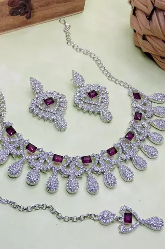 Purple rhodium premium designer american diamond and stone work necklace set