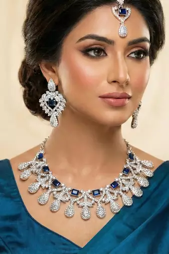 Blue rhodium premium designer american diamond and stone work necklace set