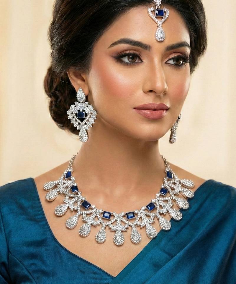 Blue rhodium premium designer american diamond and stone work necklace set
