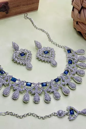 Blue rhodium premium designer american diamond and stone work necklace set