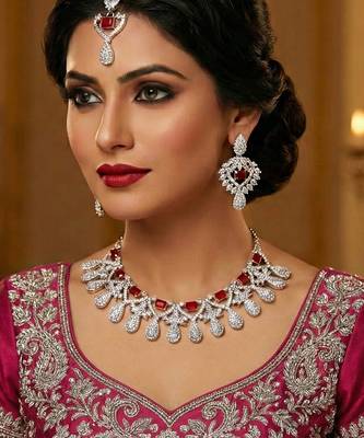 Pink rhodium premium designer american diamond and stone work necklace set 1