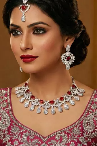 Pink rhodium premium designer american diamond and stone work necklace set