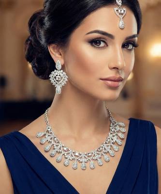 White rhodium premium designer american diamond and stone work necklace set 1