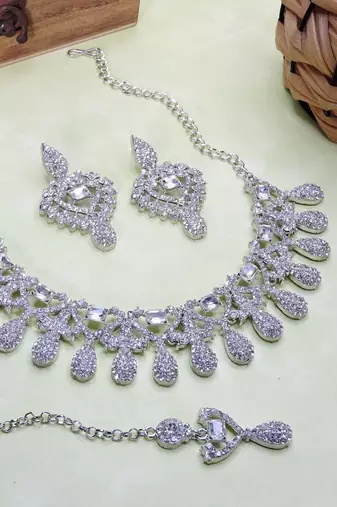 White rhodium premium designer american diamond and stone work necklace set
