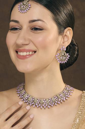 Purple yellow gold premium designer american diamond and stone work necklace set