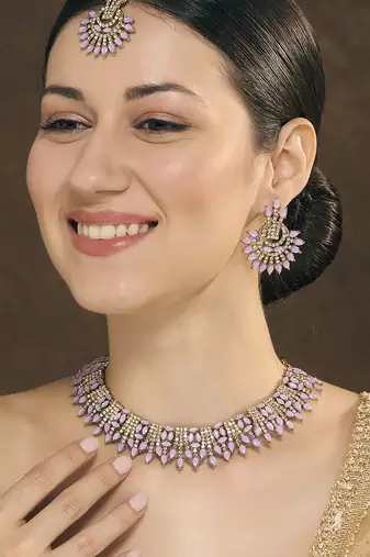 Purple yellow gold premium designer american diamond and stone work necklace set
