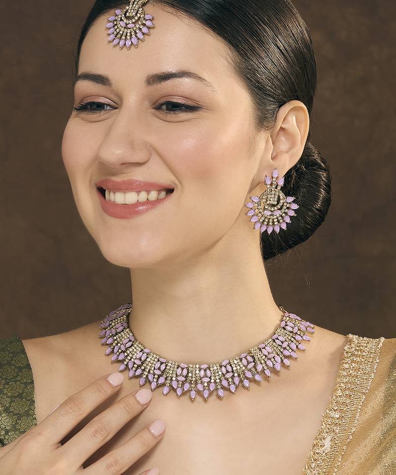 Purple yellow gold premium designer american diamond and stone work necklace set