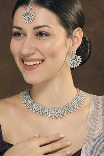 Green rhodium premium designer american diamond and stone work necklace set