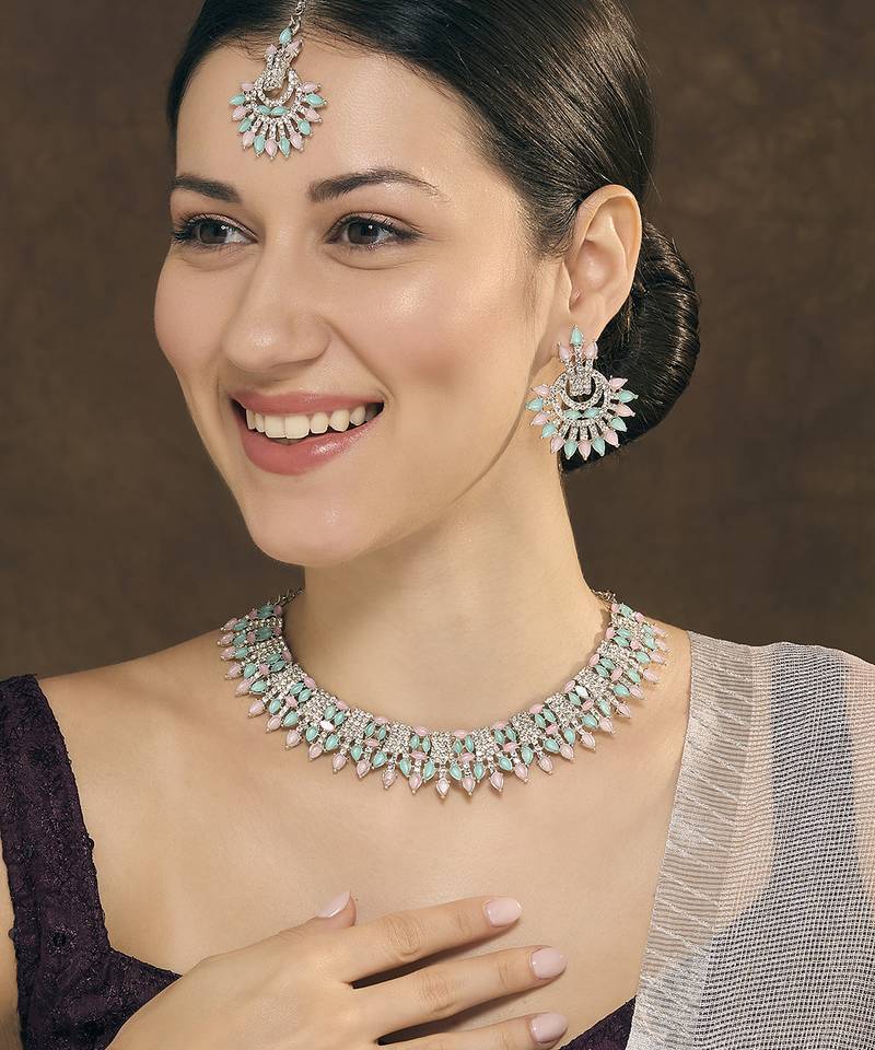 Green rhodium premium designer american diamond and stone work necklace set