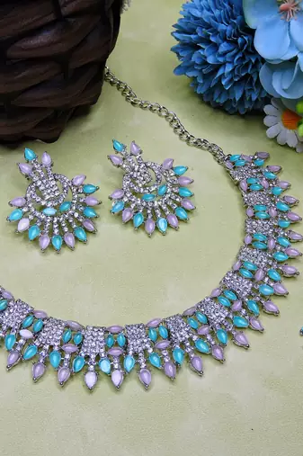Green rhodium premium designer american diamond and stone work necklace set
