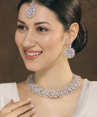 Purple rhodium premium designer american diamond and stone work necklace set 1