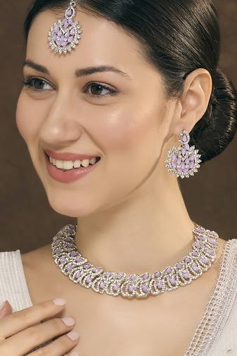 Purple rhodium premium designer american diamond and stone work necklace set