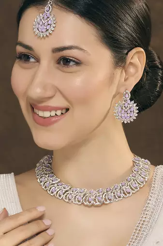 Purple rhodium premium designer american diamond and stone work necklace set