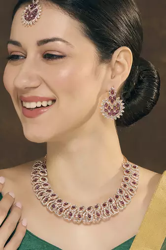 Purple rose gold premium designer american diamond and stone work necklace set