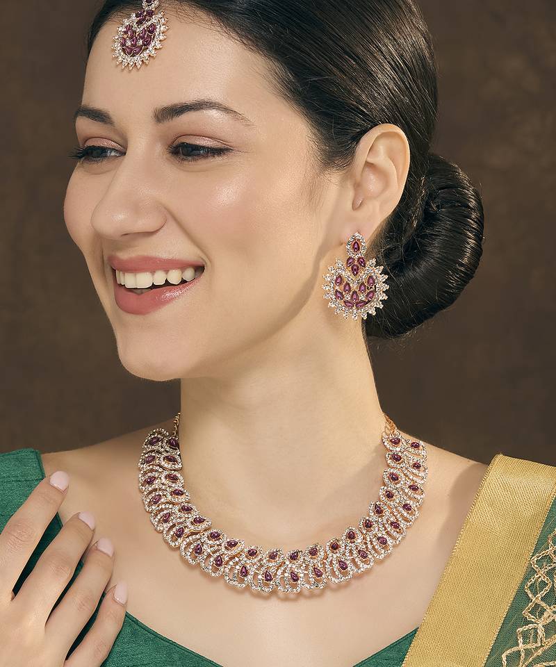 Purple rose gold premium designer american diamond and stone work necklace set