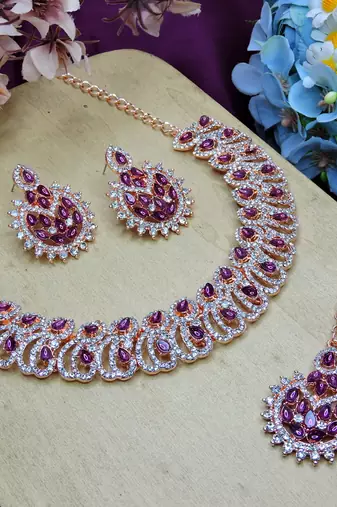 Purple rose gold premium designer american diamond and stone work necklace set