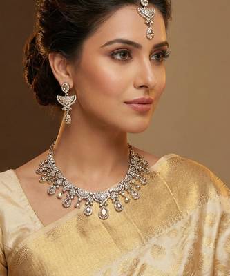 Gold yellow gold premium designer american diamond and stone work necklace set 1