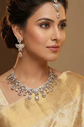 Gold yellow gold premium designer american diamond and stone work necklace set
