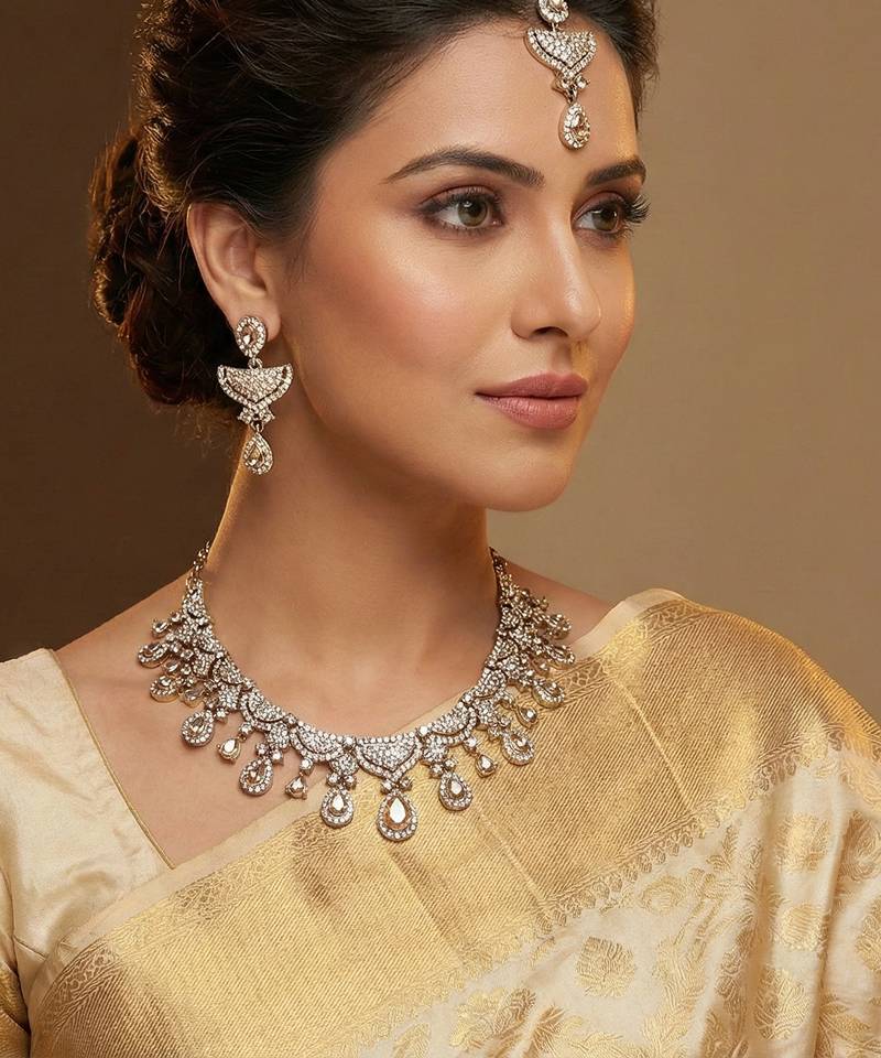 Gold yellow gold premium designer american diamond and stone work necklace set