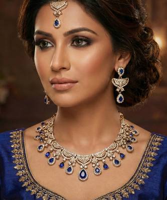 Blue yellow gold premium designer american diamond and stone work necklace set 1