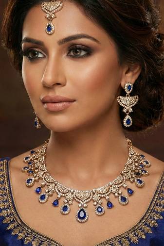 Blue yellow gold premium designer american diamond and stone work necklace set
