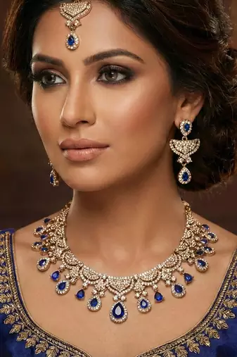 Blue yellow gold premium designer american diamond and stone work necklace set