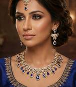 Blue yellow gold premium designer american diamond and stone work necklace set