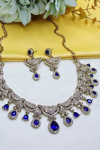 Blue yellow gold premium designer american diamond and stone work necklace set