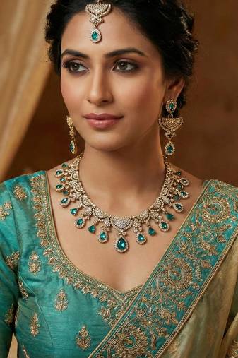 Green yellow gold premium designer american diamond and stone work necklace set
