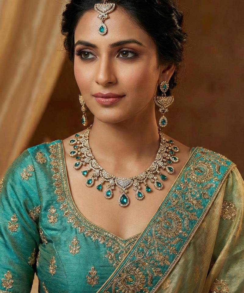 Green yellow gold premium designer american diamond and stone work necklace set