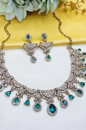 Green yellow gold premium designer american diamond and stone work necklace set
