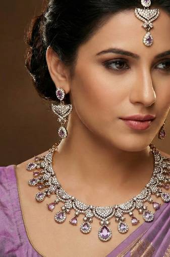 Purple yellow gold premium designer american diamond and stone work necklace set