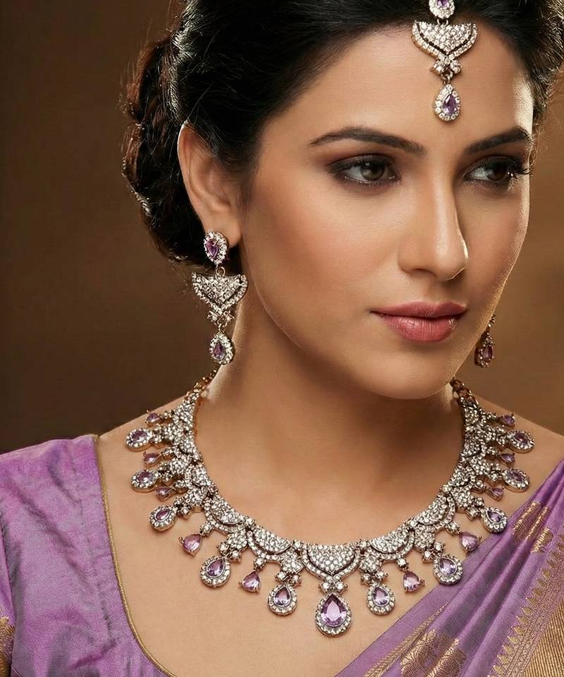 Purple yellow gold premium designer american diamond and stone work necklace set