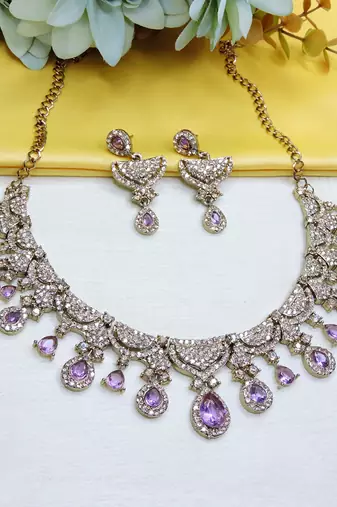 Purple yellow gold premium designer american diamond and stone work necklace set